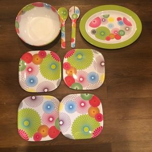 7 piece French Bull melamine set plates, serving bowl platter and salad servers